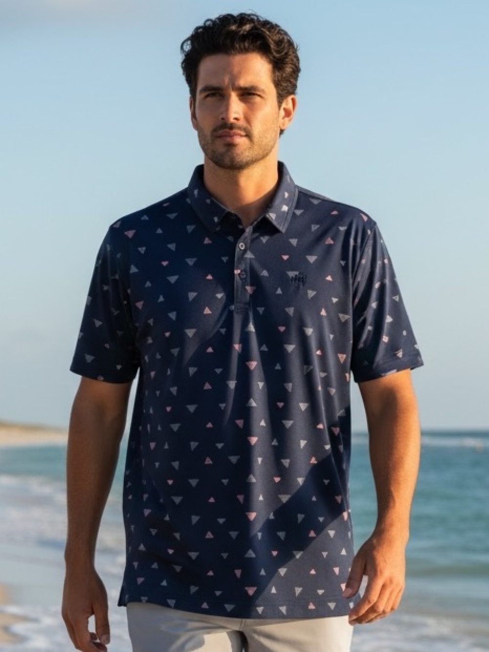 TravisMathew Home Break Golf Polo Mens L Blue Triangle Print Performance Shirt